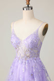 Vestido de regreso a casa de tul morado A Line con apliques