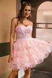 Vestido de fiesta corto con corsé rosa en forma de línea A con lentejuelas