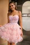 Vestido de fiesta corto con corsé rosa en forma de línea A con lentejuelas