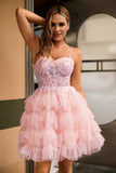 Vestido de fiesta corto con corsé rosa en forma de línea A con lentejuelas