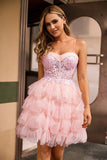 Vestido de fiesta corto con corsé rosa en forma de línea A con lentejuelas