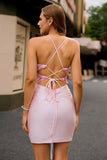 Vestido de fiesta corto con tirantes de espagueti de flores rosa caramelo