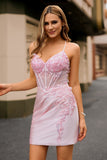 Vestido de fiesta corto con tirantes de espagueti de flores rosa caramelo