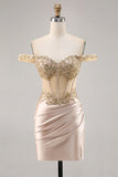 Corsé con hombros descubiertos Bodycon Champagne Homecoming Dress con lentejuelas