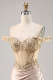 Corsé con hombros descubiertos Bodycon Champagne Homecoming Dress con lentejuelas