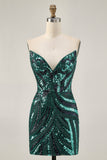 Vestido corto de fiesta ajustado con lentejuelas azul real sin tirantes brillantes