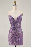 Vestido corto de fiesta ajustado con lentejuelas azul real sin tirantes brillantes
