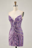 Vestido corto de fiesta ajustado con lentejuelas azul real sin tirantes brillantes