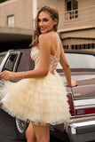 Vestido de fiesta corto con corsé de tirantes finos de línea A de albaricoque