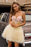 Vestido de fiesta corto con corsé de tirantes finos de línea A de albaricoque