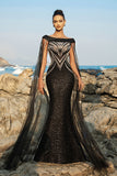 Vestido de noche sirena negro con mangas de capa de lentejuelas brillantes