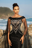Vestido de noche sirena negro con mangas de capa de lentejuelas brillantes