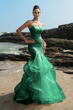 Vestido de noche sirena palabra de honor con volantes champán y lentejuelas