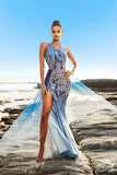 Vestido de noche halter de lentejuelas sirena azul con abertura