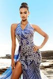 Vestido de noche halter de lentejuelas sirena azul con abertura