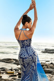 Vestido de noche halter de lentejuelas sirena azul con abertura
