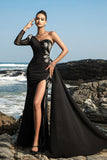 Vestido de noche de un solo hombro con lentejuelas negras y sirena con abertura