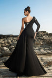 Vestido de noche de un solo hombro con lentejuelas negras y sirena con abertura