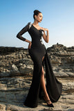 Vestido de noche de un solo hombro con lentejuelas negras y sirena con abertura