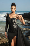 Vestido de noche de un solo hombro con lentejuelas negras y sirena con abertura