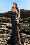 Brillante vestido de noche sirena palabra de honor con lentejuelas negras