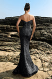 Brillante vestido de noche sirena palabra de honor con lentejuelas negras
