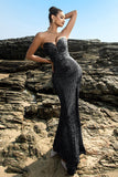 Brillante vestido de noche sirena palabra de honor con lentejuelas negras