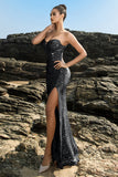 Brillante vestido de noche sirena palabra de honor con lentejuelas negras