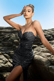 Brillante vestido de noche sirena palabra de honor con lentejuelas negras