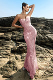 Brillante vestido de noche sirena palabra de honor con lentejuelas negras