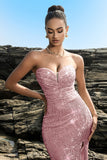 Brillante vestido de noche sirena palabra de honor con lentejuelas negras