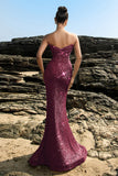 Brillante vestido de noche sirena palabra de honor con lentejuelas negras