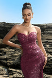 Brillante vestido de noche sirena palabra de honor con lentejuelas negras