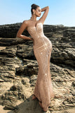 Brillante vestido de noche sirena palabra de honor con lentejuelas negras