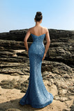 Brillante vestido de noche sirena palabra de honor con lentejuelas negras