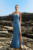 Brillante vestido de noche sirena palabra de honor con lentejuelas negras