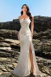 Brillante vestido de noche sirena palabra de honor con lentejuelas negras