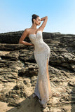 Brillante vestido de noche sirena palabra de honor con lentejuelas negras