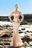 Vestido de noche corsé de cuentas sirena champán con hombros descubiertos