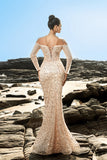 Vestido de noche corsé de cuentas sirena champán con hombros descubiertos