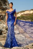 Vestido de noche sirena azul real con purpurina y serpentina