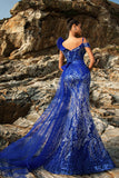Vestido de noche sirena azul real con purpurina y serpentina