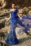 Vestido de noche sirena azul real con purpurina y serpentina
