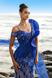 Vestido de noche sirena azul real con purpurina y serpentina