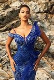 Vestido de noche sirena azul real con purpurina y serpentina