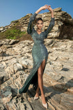 Vestido de noche sirena verde brillante con mangas 3/4