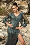 Vestido de noche sirena verde brillante con mangas 3/4
