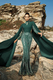 Vestido de noche sirena verde oscuro brillante con mangas capa