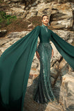Vestido de noche sirena verde oscuro brillante con mangas capa
