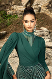 Vestido de noche sirena verde oscuro brillante con mangas capa
